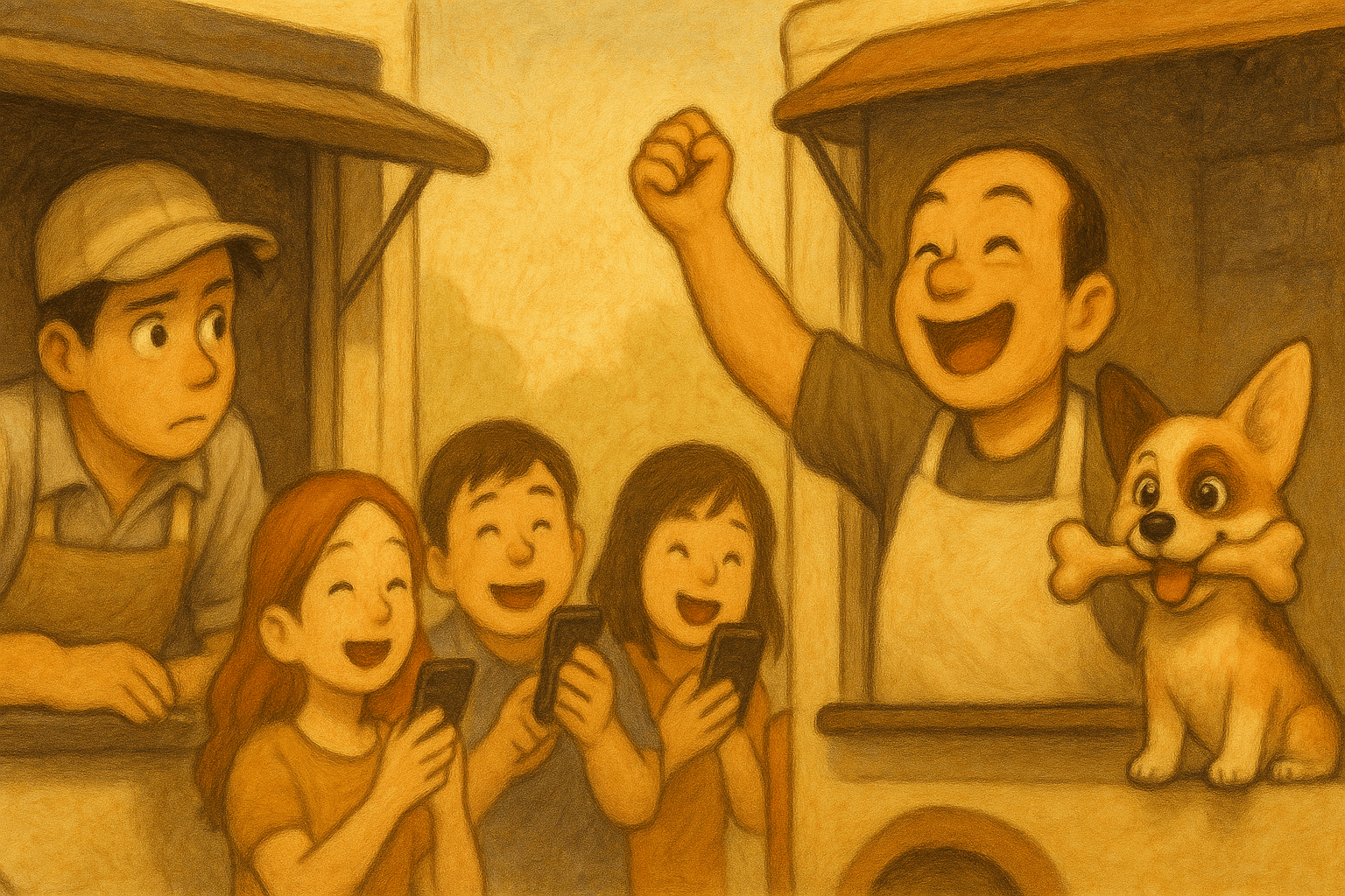 Happy food truck vendors and customers